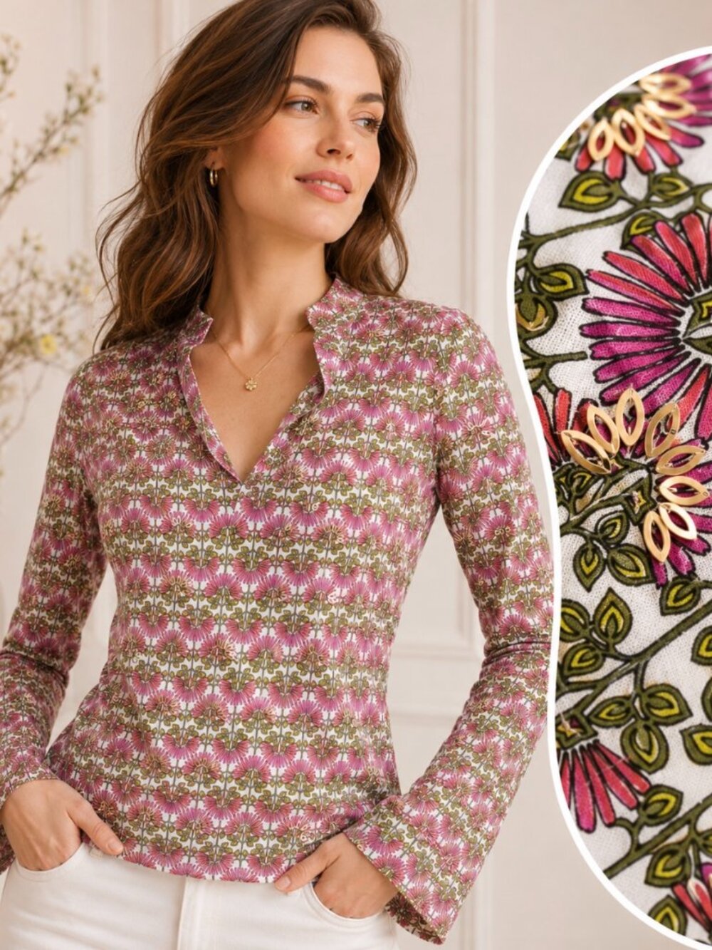 Tory Burch Floral Print Embellished Cotton Tunic Top Vacation Resort 4